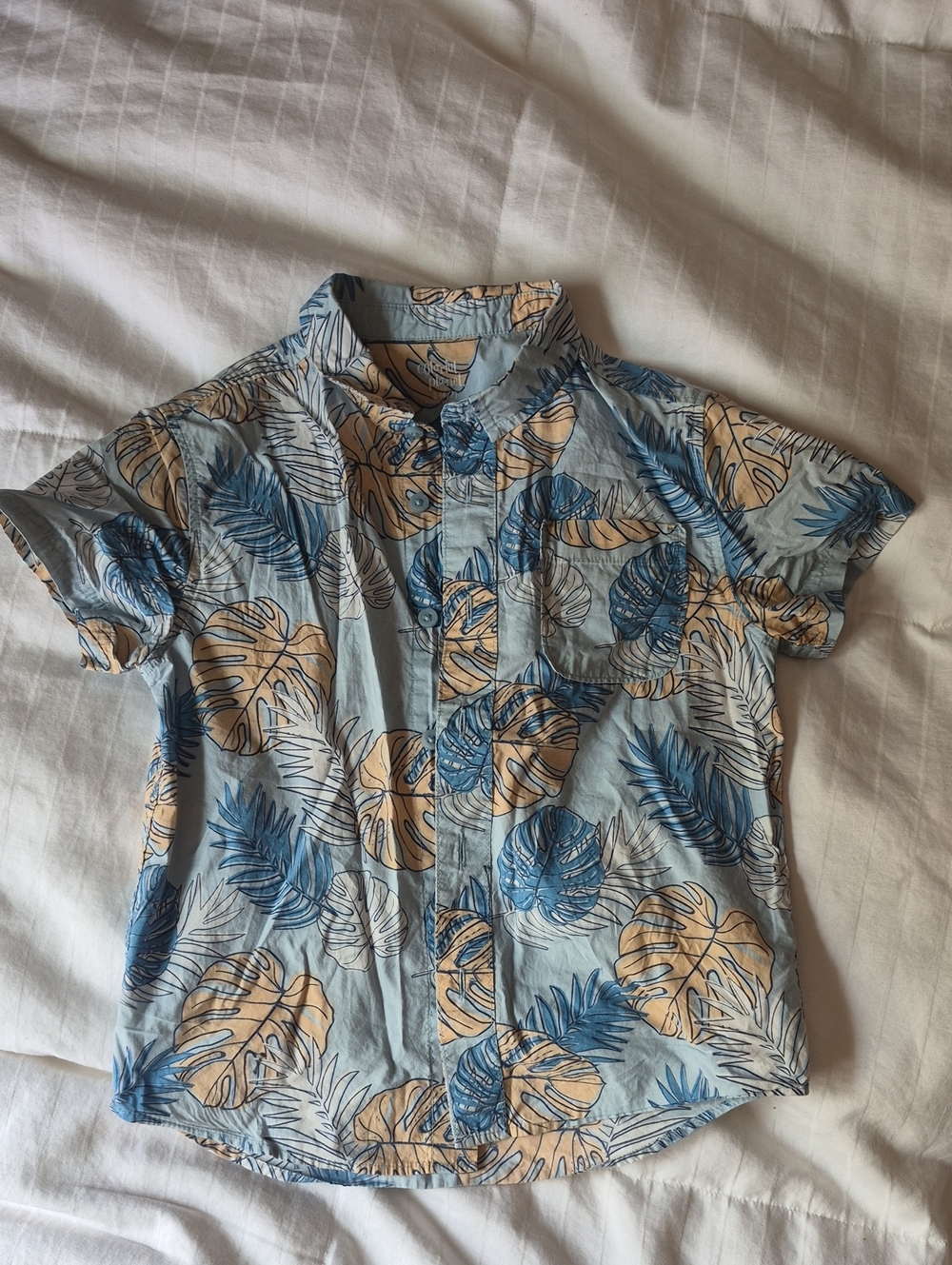 Colorful Planet Tropical Leaf Short Sleeve Button-Up Shirt - Blue & Tan